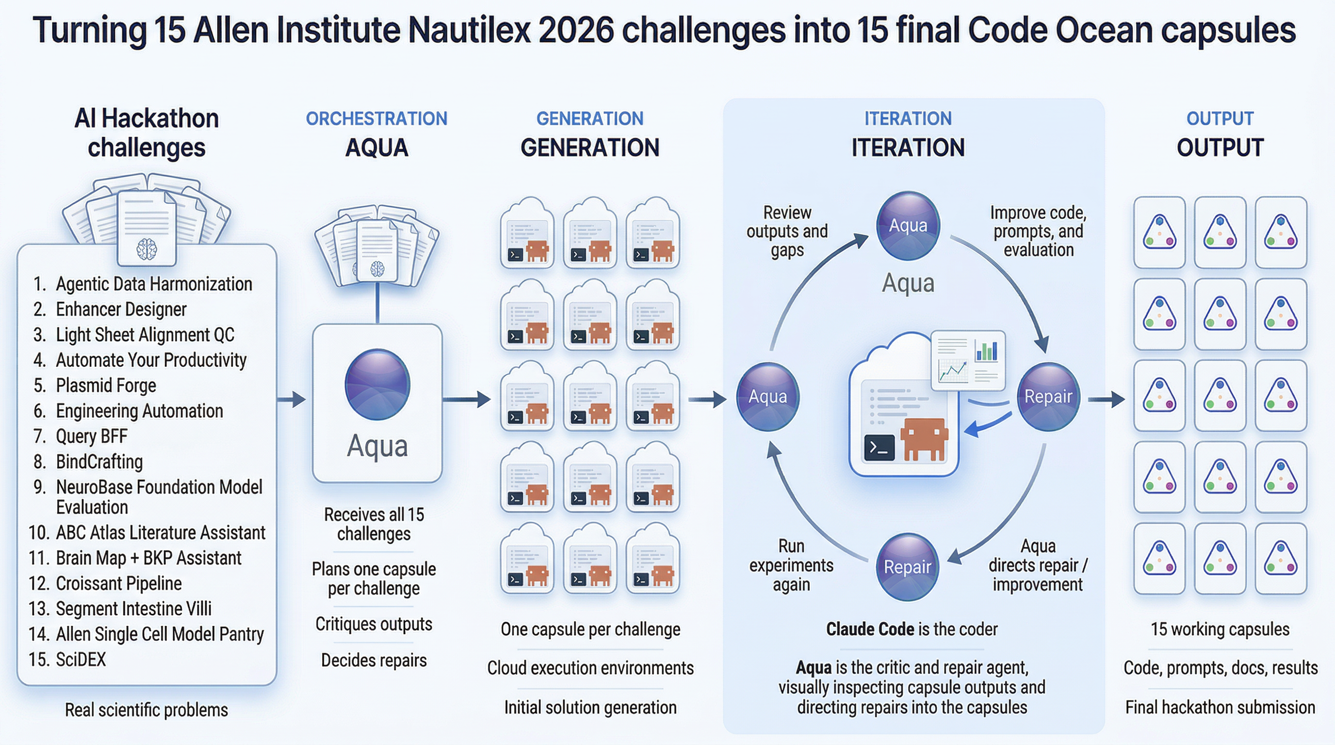 Infographic showing the Aqua to capsule workflow for the Allen Institute Nautilex 2026 challenge submissions.